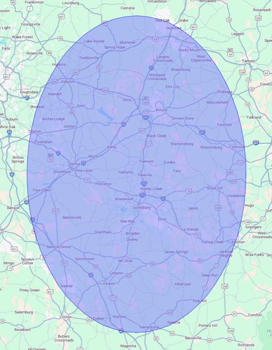 Map of the Tree Works service area around Pikeville and Goldsboro, NC
